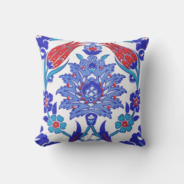 Turquoise Blue Red Ancient Turkish Floral Tile Throw Pillow (Front)