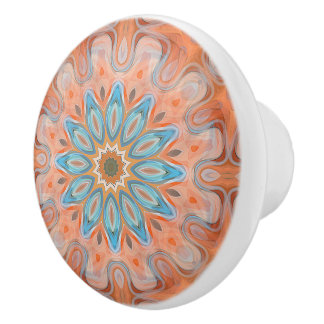 Turquoise Blue Red Orange Mandala Round Sun Ceramic Knob