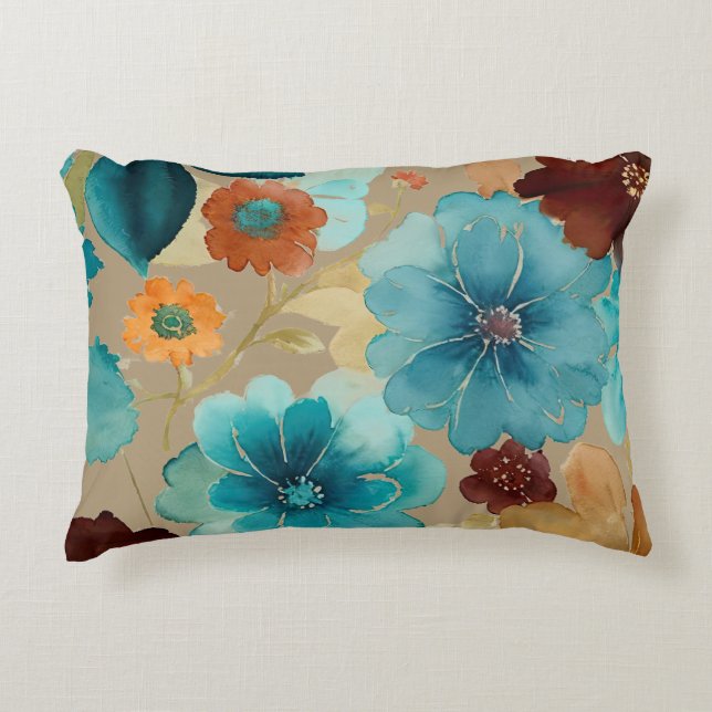 Turquoise blue, Red, Rust and Bronze Floral Accent Pillow (Front)