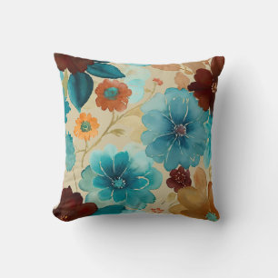 Turquoise blue, Red, Rust and Bronze Floral Throw Pillow