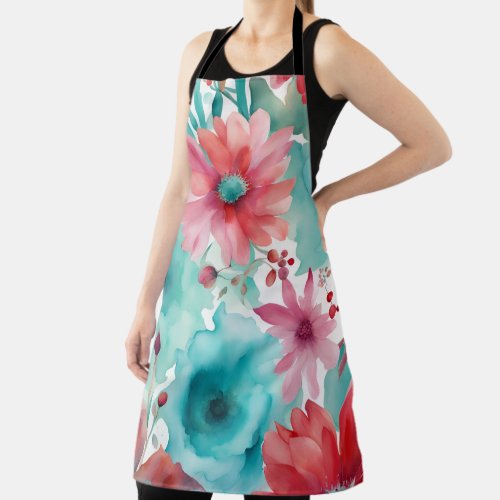 Turquoise blue Red Watercolor Spring Flowers   Apron
