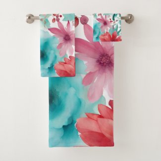 Turquoise blue Red Watercolor Spring Flowers  