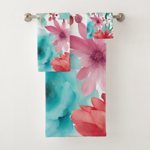 Turquoise blue Red Watercolor Spring Flowers   Bath Towel Set