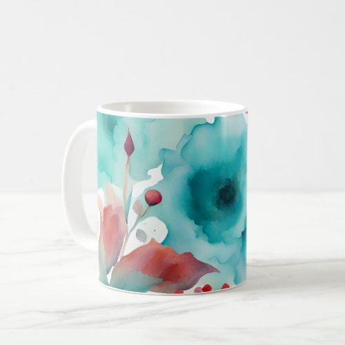 Turquoise blue Red Watercolor Spring Flowers   Coffee Mug