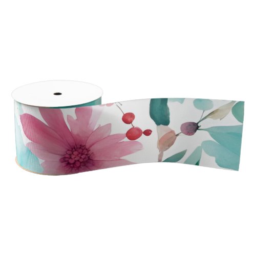 Turquoise blue Red Watercolor Spring Flowers   Grosgrain Ribbon
