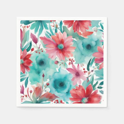 Turquoise blue Red Watercolor Spring Flowers   Napkins
