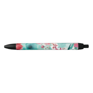 Turquoise blue Red Watercolor Spring Flowers Pen
