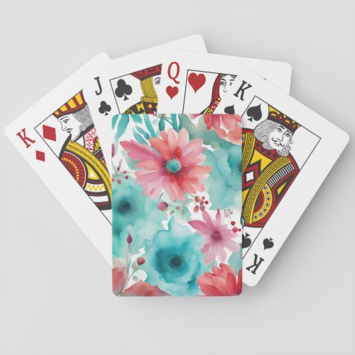 Turquoise blue Red Watercolor Spring Flowers   Playing Cards