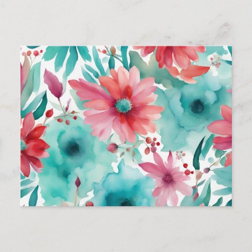 Turquoise blue Red Watercolor Spring Flowers   Postcard