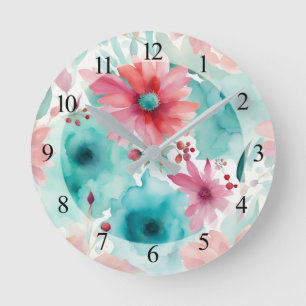 Turquoise blue Red Watercolor Spring Flowers Round Clock