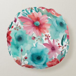 Turquoise blue Red Watercolor Spring Flowers   Round Pillow