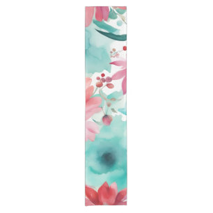 Turquoise blue Red Watercolor Spring Flowers Short Table Runner