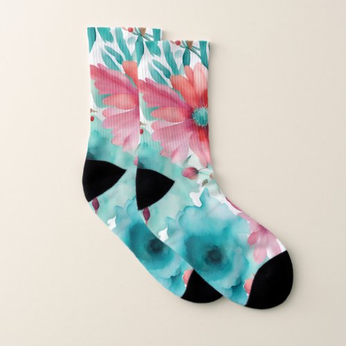 Turquoise blue Red Watercolor Spring Flowers   Socks
