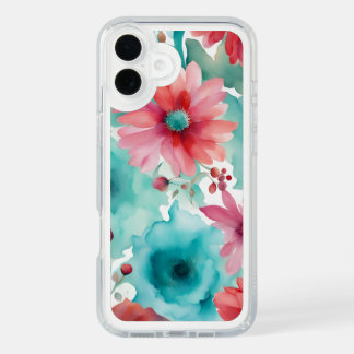 Turquoise blue Red Watercolor Spring Flowers   iPhone 16 Plus Case