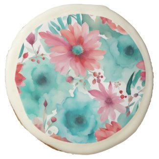 Turquoise blue Red Watercolor Spring Flowers  