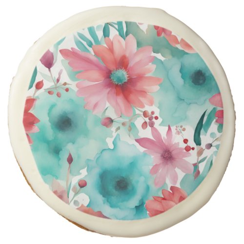 Turquoise blue Red Watercolor Spring Flowers   Sugar Cookie