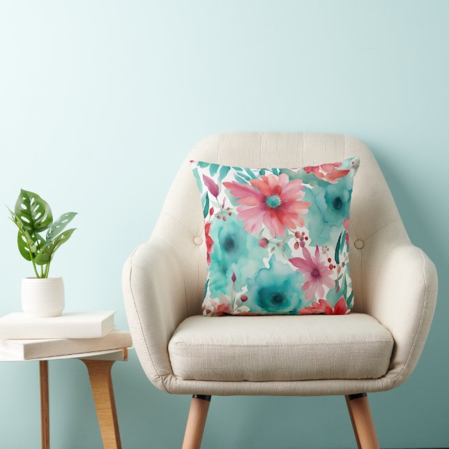 Turquoise blue Red Watercolor Spring Flowers   Throw Pillow (Chair)
