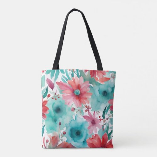 Turquoise blue Red Watercolor Spring Flowers   Tote Bag