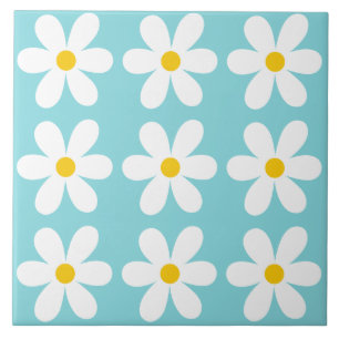 Turquoise blue Retro Daisy Floral Pattern Ceramic Tile