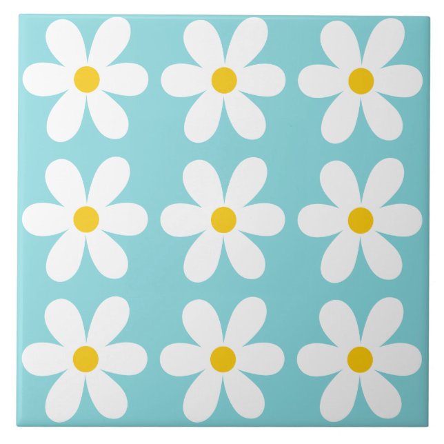 Turquoise blue Retro Daisy Floral Pattern Ceramic Tile (Front)