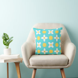 Turquoise Blue Retro Floral Pattern Throw Pillow