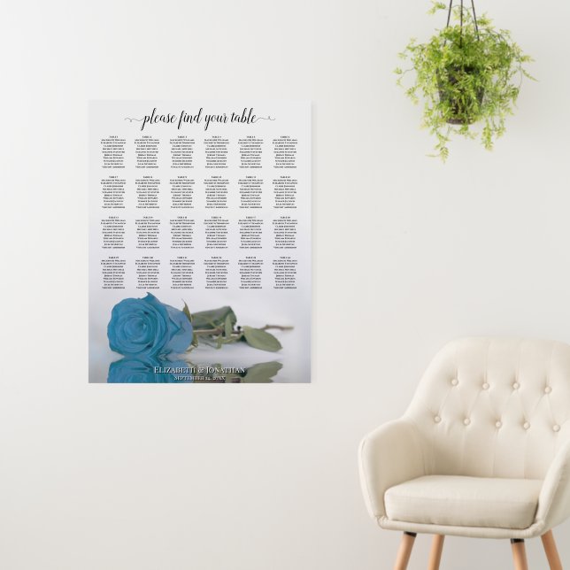 Turquoise Blue Rose 24 Table Wedding Seating Chart Foam Board (In Situ (Wall))