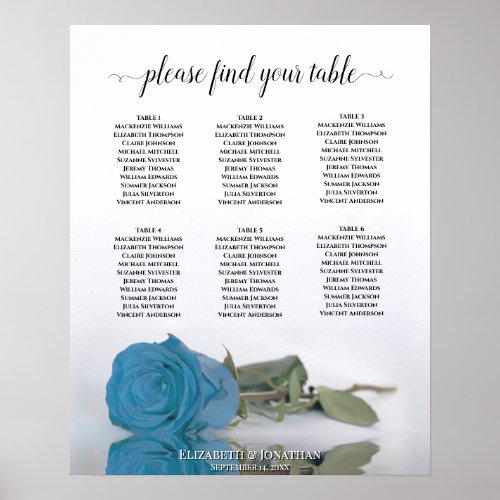 Turquoise Blue Rose 6 Table Wedding Seating Chart