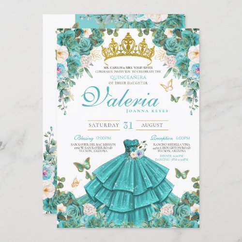 Turquoise Blue Rose Butterfly Princess Quinceanera Invitation