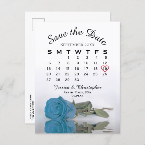 Turquoise Blue Rose Calendar Save the Date Announcement Postcard