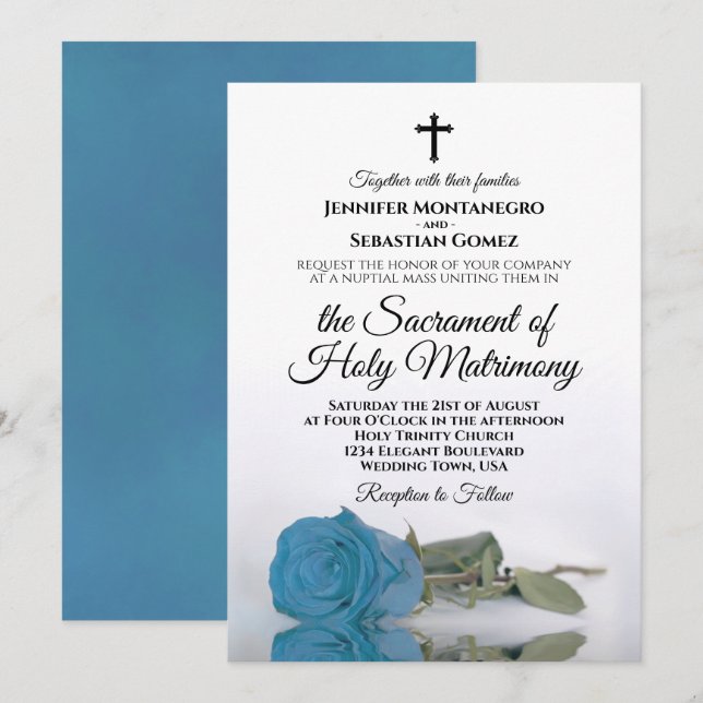 Turquoise Blue Rose Chic Modern Catholic Wedding Invitation (Front/Back)