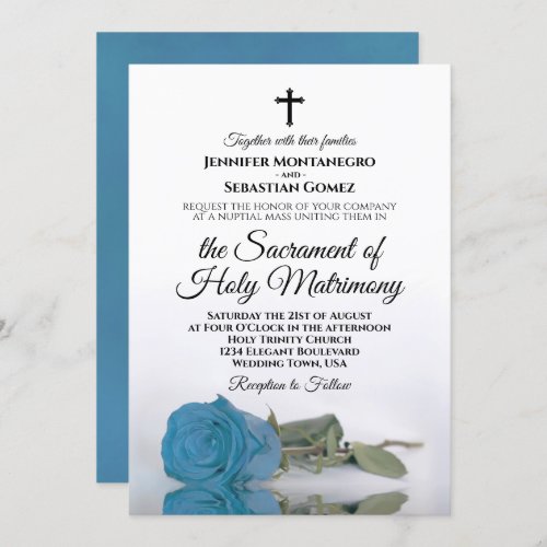 Turquoise Blue Rose Chic Modern Catholic Wedding Invitation