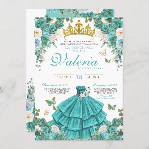Turquoise Blue Rose Elegant Princess Quinceanera Invitation