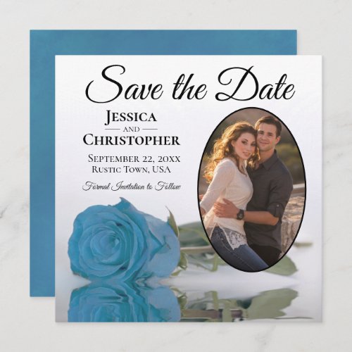 Turquoise Blue Rose on White Oval Photo Wedding Save The Date