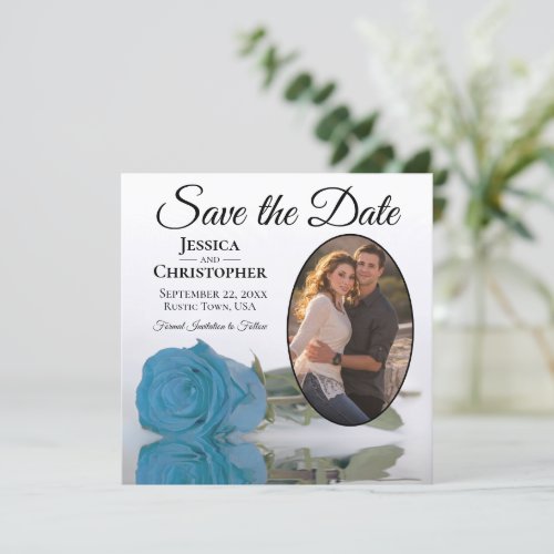 Turquoise Blue Rose on White Oval Photo Wedding Save The Date