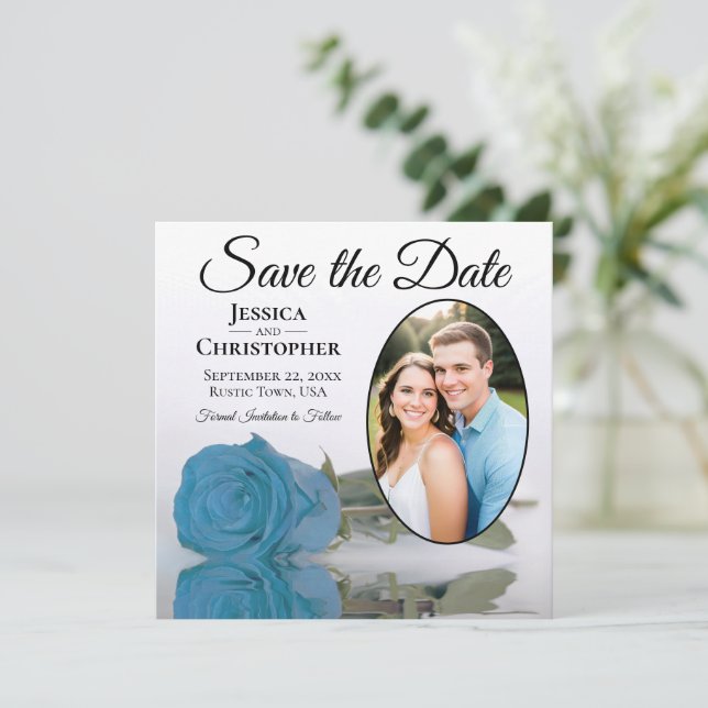 Turquoise Blue Rose on White Oval Photo Wedding Save The Date (Standing Front)