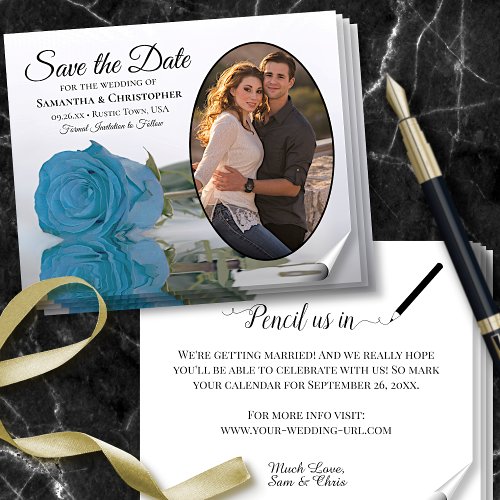 Turquoise Blue Rose Photo BUDGET Save The Date Flyer