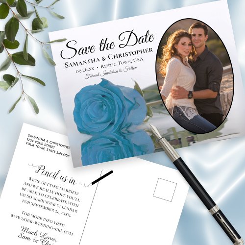 Turquoise Blue Rose Photo Wedding Save The Date Announcement Postcard