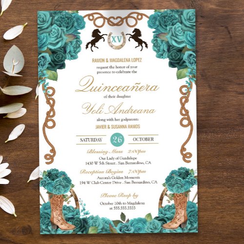 Turquoise Blue Rose Western Charro Quinceanera Invitation