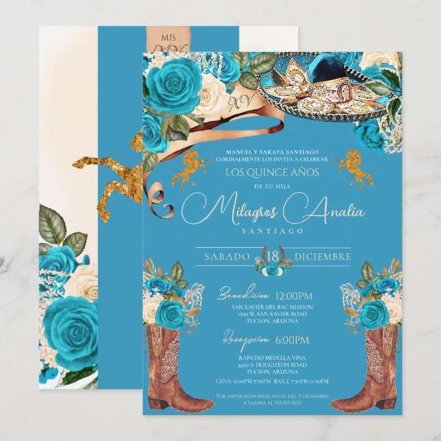 Turquoise Blue Roses Fancy Charro Quinceañera Invitation (Front/Back)