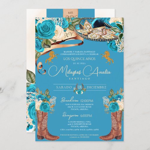 Turquoise Blue Roses Fancy Charro Quinceaera Invitation