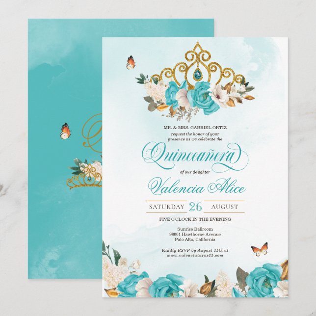 Turquoise Blue Roses Gold Tiara Butterfly Quince Invitation (Front/Back)