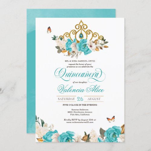 Turquoise Blue Roses Golden Tiara Butterfly Quince Invitation