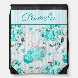 Turquoise Blue Roses, Grey Stripes and Monogram Drawstring Bag