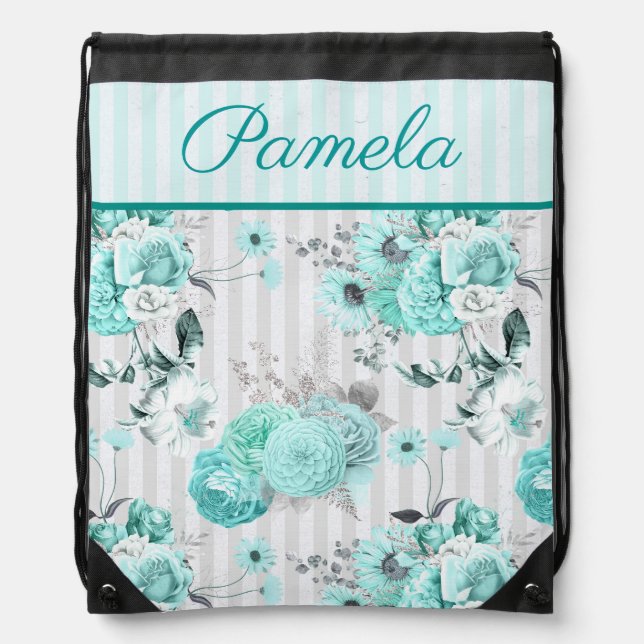 Turquoise Blue Roses, Grey Stripes and Monogram Drawstring Bag (Front)