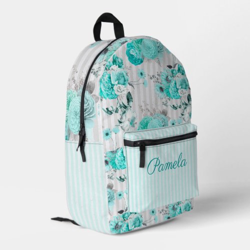 Turquoise Blue Roses Grey Stripes and Monogram Printed Backpack