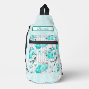 Turquoise Blue Roses, Grey Stripes and Monogram Sling Bag