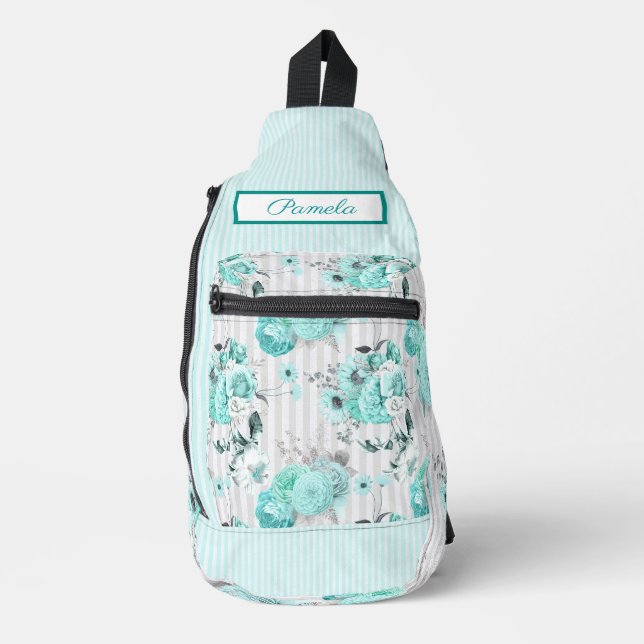 Turquoise Blue Roses, Grey Stripes and Monogram Sling Bag (Front)