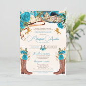 Turquoise Blue Roses Western Charro Quinceañera Invitation (Standing Front)