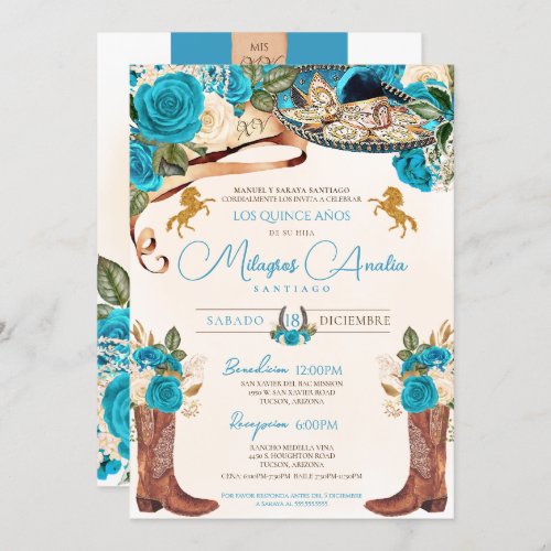 Turquoise Blue Roses Western Charro Quinceaera Invitation