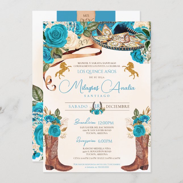 Turquoise Blue Roses Western Charro Quinceañera Invitation (Front/Back)